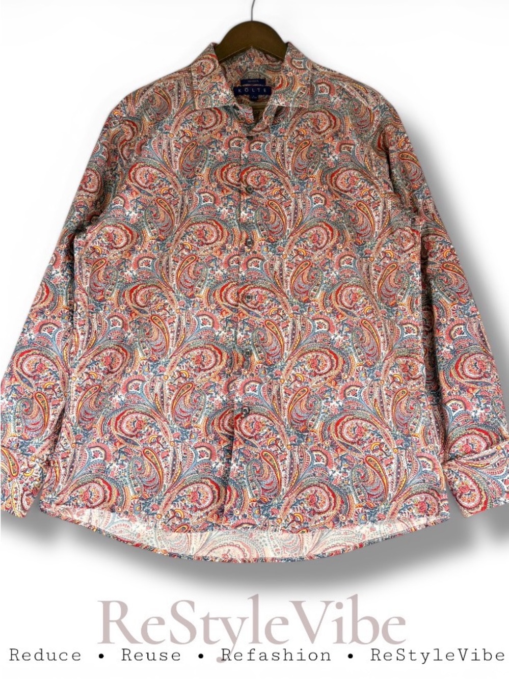 KOLTE Men’s Size L 16.5 Shirt Button Down Long Sleeve Paisley Print Stretch